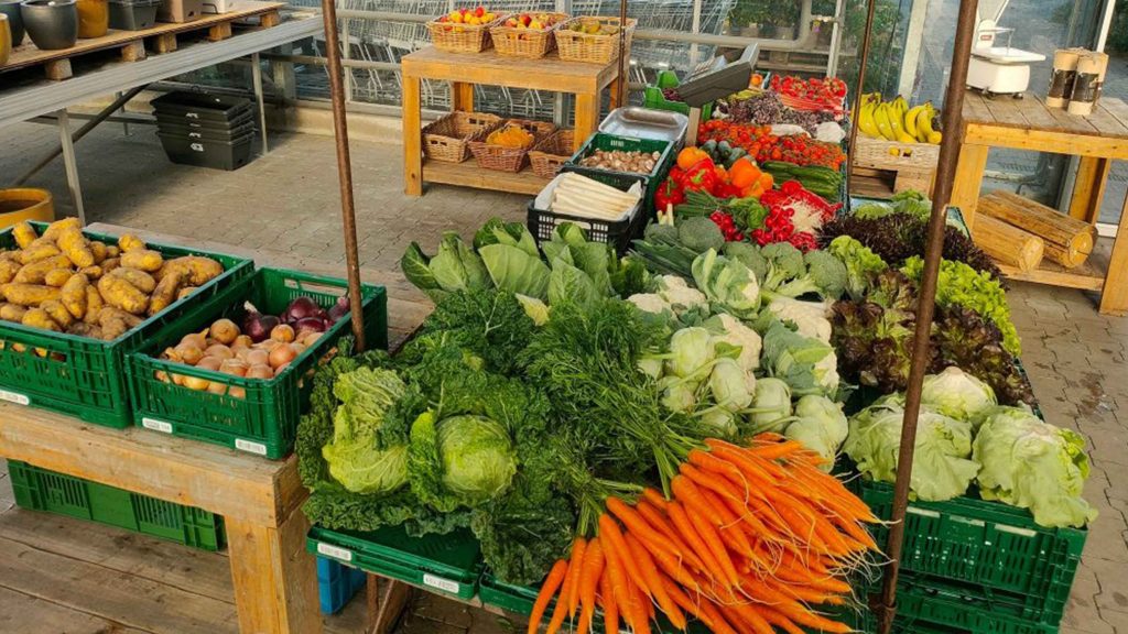 Obst und Gemüse in dem Marktstand in der Gärtnerei Sonnenau